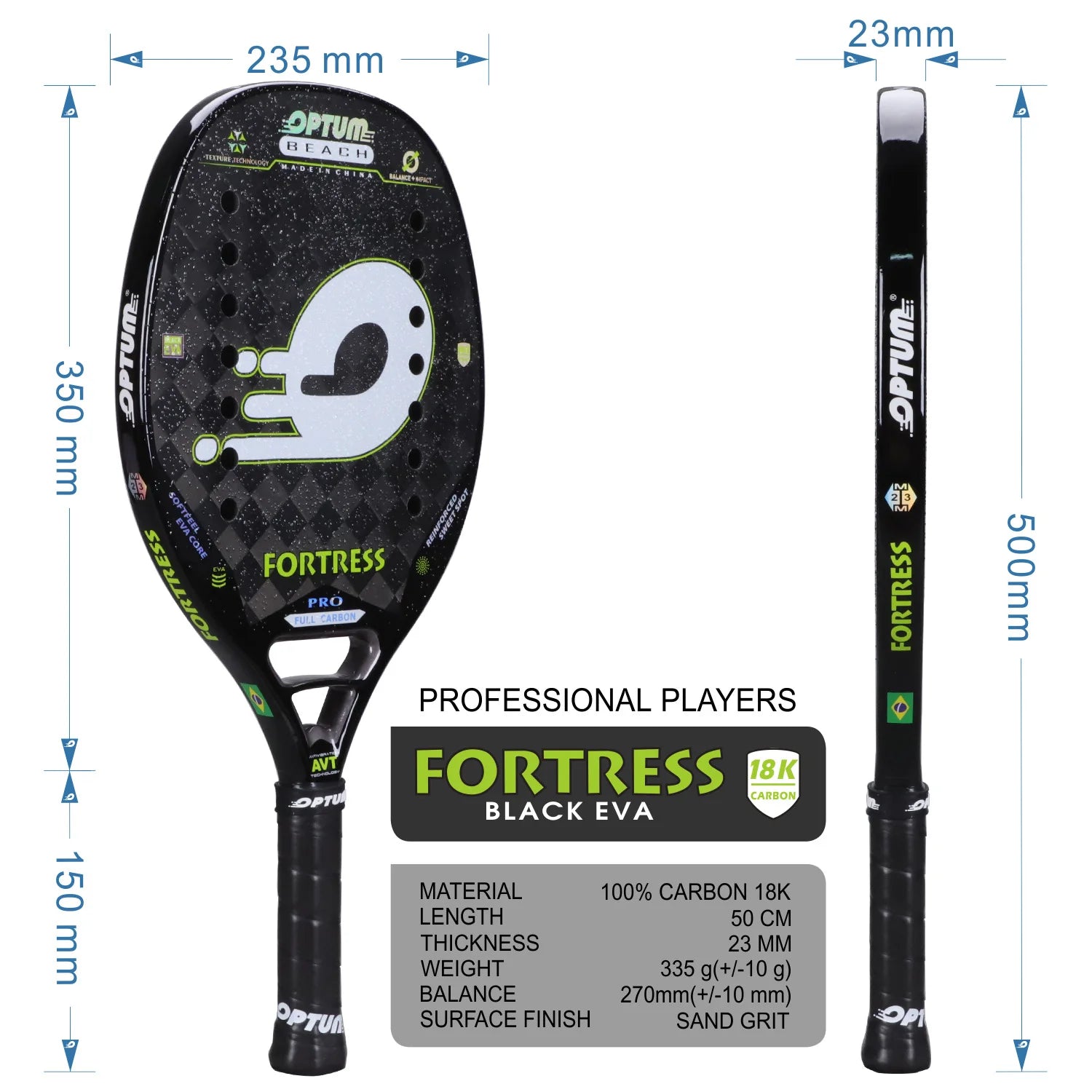 Raquete de Beach Tennis 18k Optum Carbon Fortress Pro